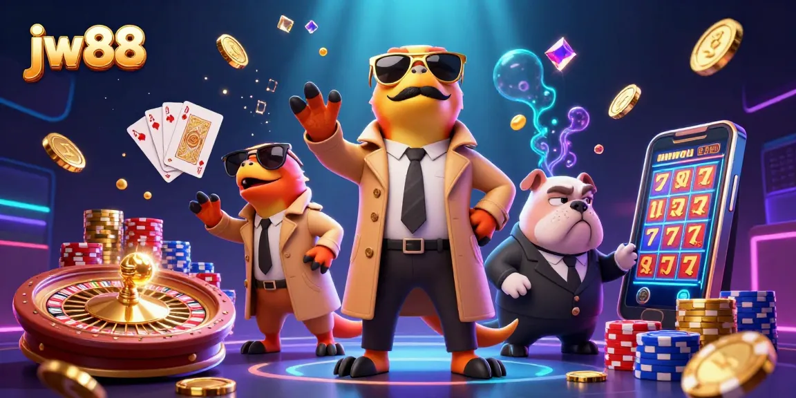 Experience winning with jw88 in a vibrant casino scene featuring raptors in a trench coat.