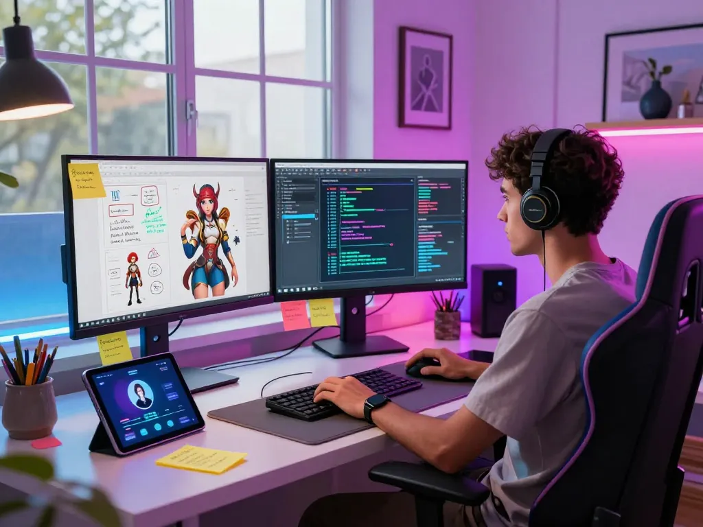 Engaging workspace of a developer creating NSFW AI applications, showcasing vibrant monitors and character designs.