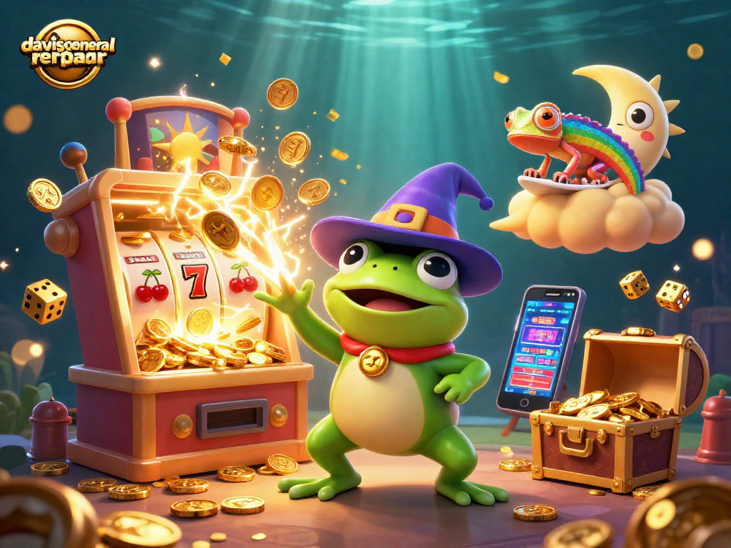 Davisgeneralrepair wizard frog conjures gold coins in a vibrant casino scene