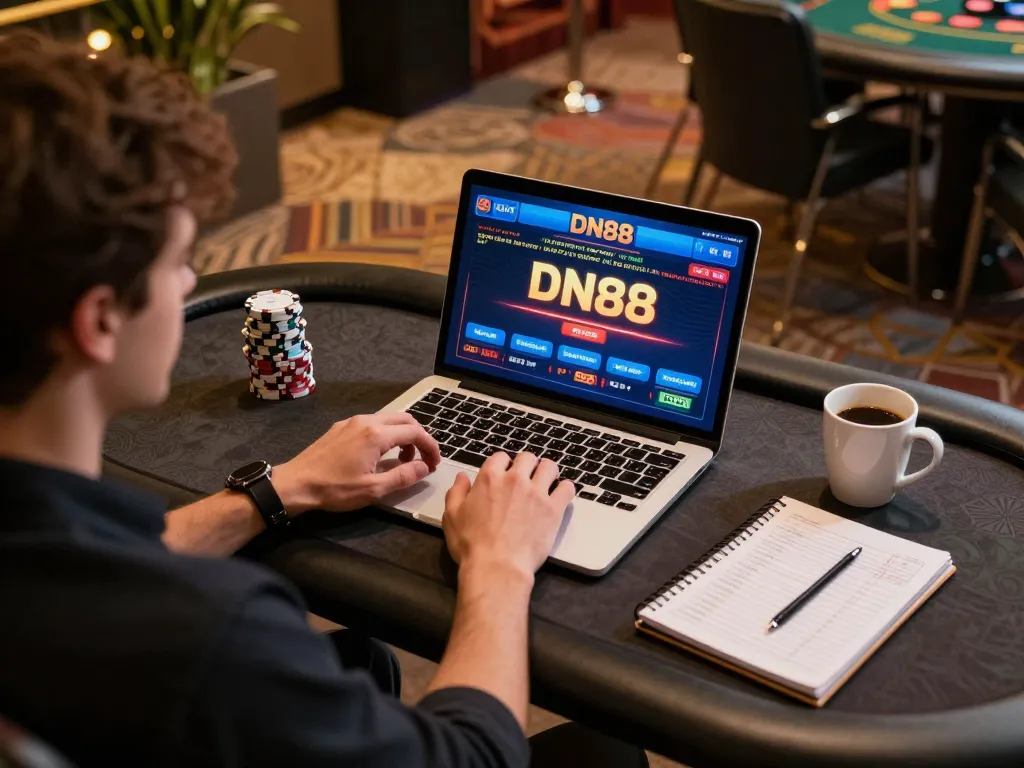 Engaging in online gaming at DN88 with betting strategies visible beside a laptop