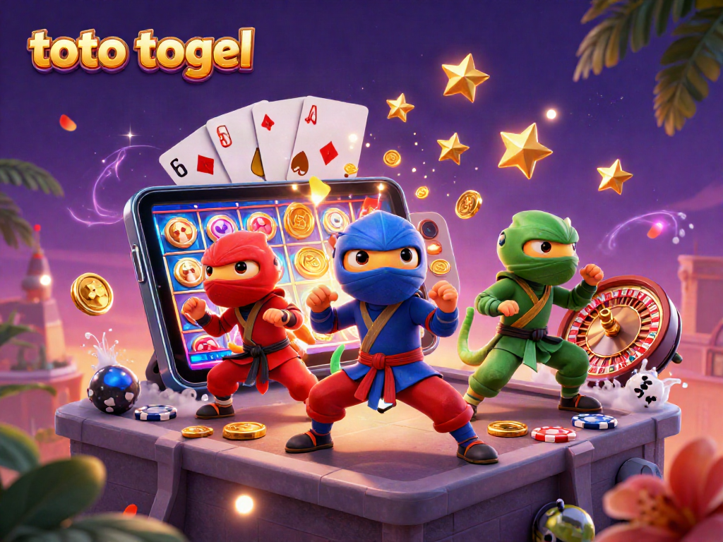 Watch ninja chameleons conquer toto togel challenges in this vibrant casino-themed illustration.