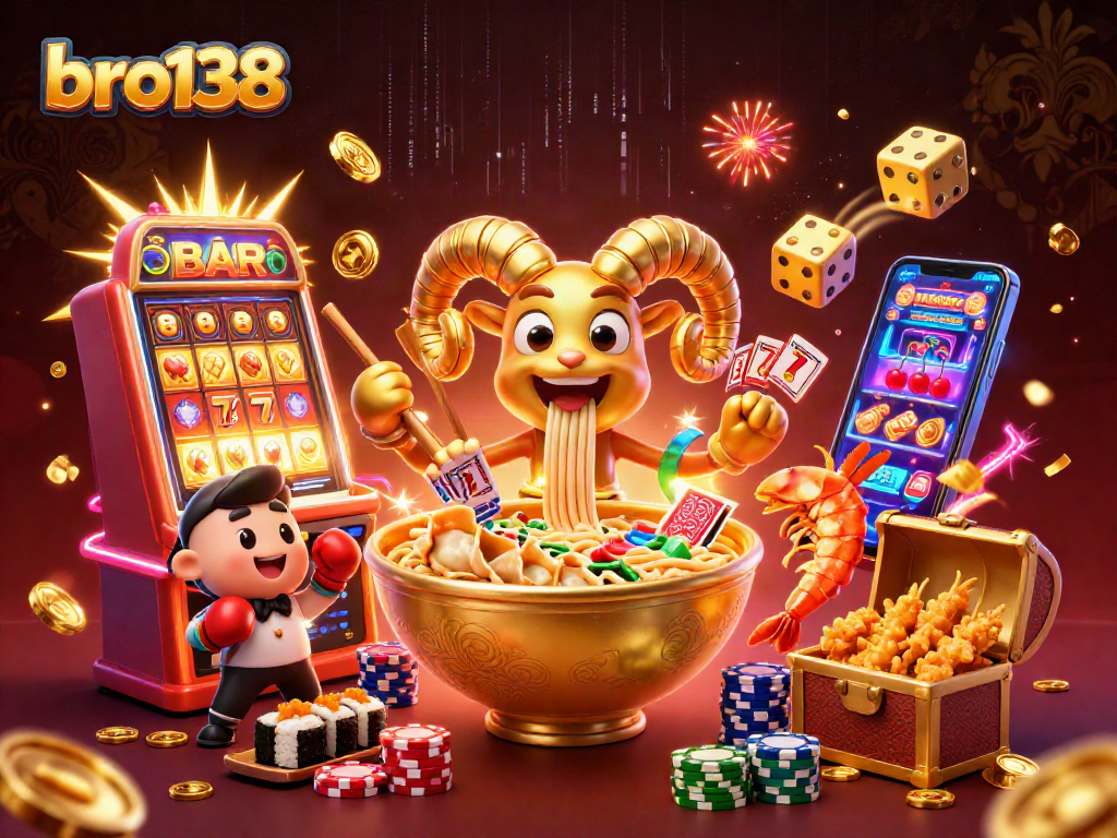 Bro138 engages players with a vibrant 3D casino adventure filled with slot machines, cards, and cheering food characters.