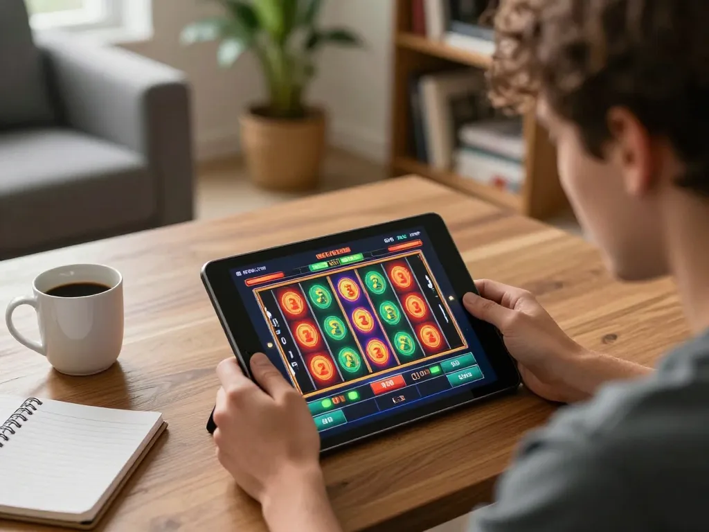 Engaged player enjoying casinos not on Gamstop, focusing on vibrant slot machine gameplay at home