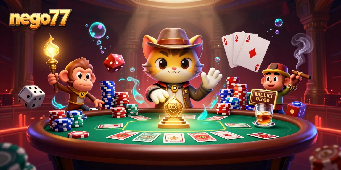 Engage with nego77 as a cartoon explorer cat discovers a golden casino artifact amidst vibrant poker elements.