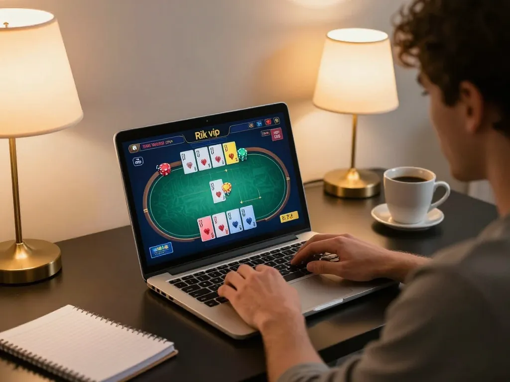 Engaging in Rik vip poker gameplay on a laptop in a cozy home setting