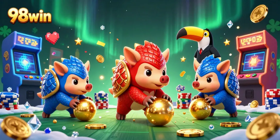 Engage with the vibrant world of 98win as rival pangolins compete in a colorful gaming casino.