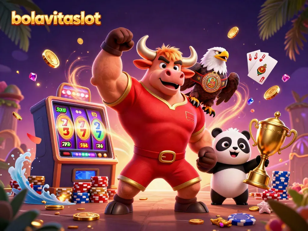 Join the thrill at bolavitaslot with a victory celebration led by a triumphant bull, lucky symbols, and golden achievements.