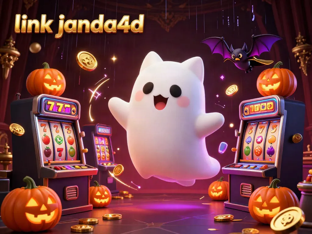 Link janda4d menampilkan kucing hantu dan kelelawar di kasino angker, dikelilingi simbol permainan.