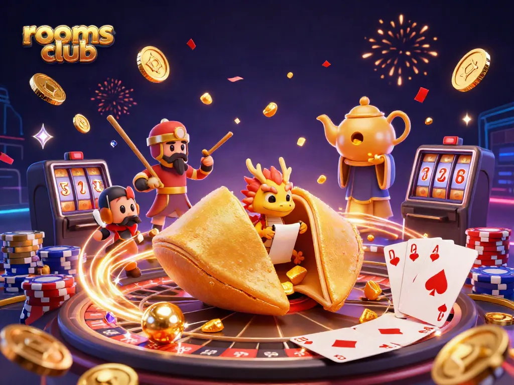 Permainan slot online di rooms-club dengan karakter unik dan kekayaan mengalir seperti koin emas.