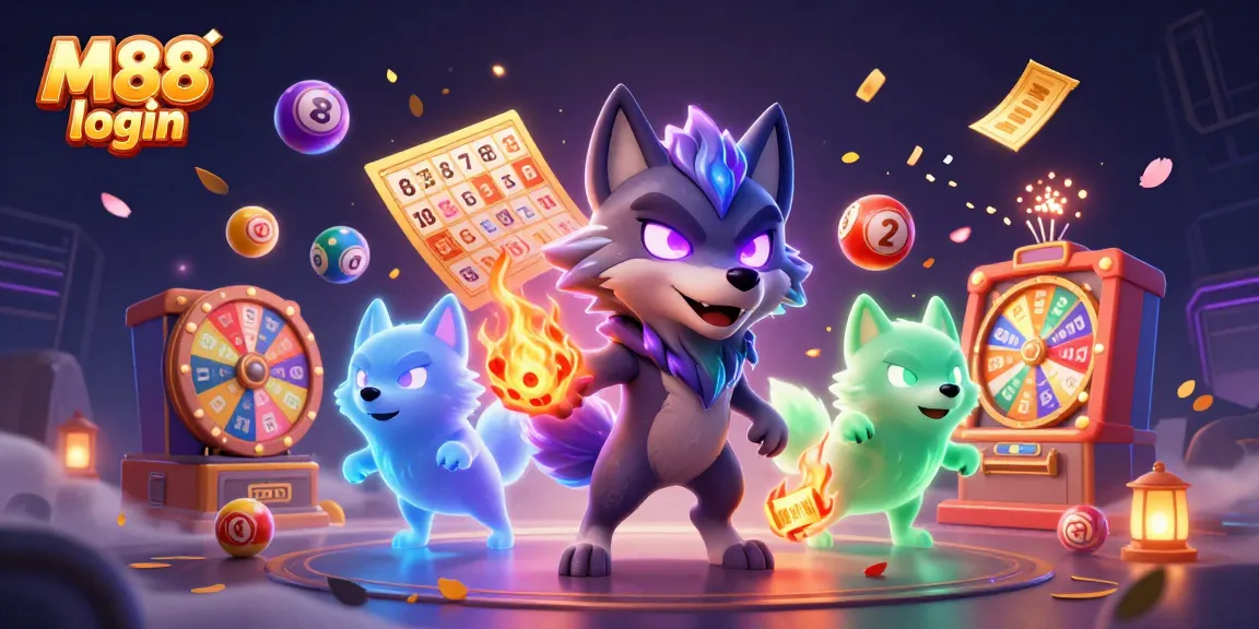 Engage in thrilling gameplay with M88 login, featuring vibrant lottery balls and ghostly wolves.