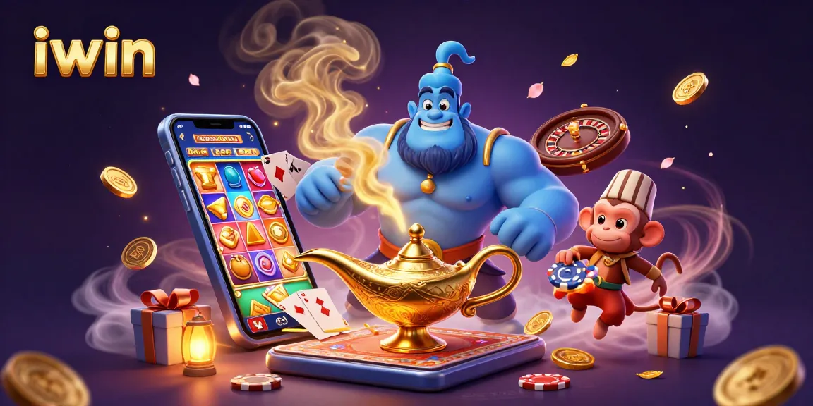 Experience winning thrills at iwin with a magical genie and colorful slot game elements.