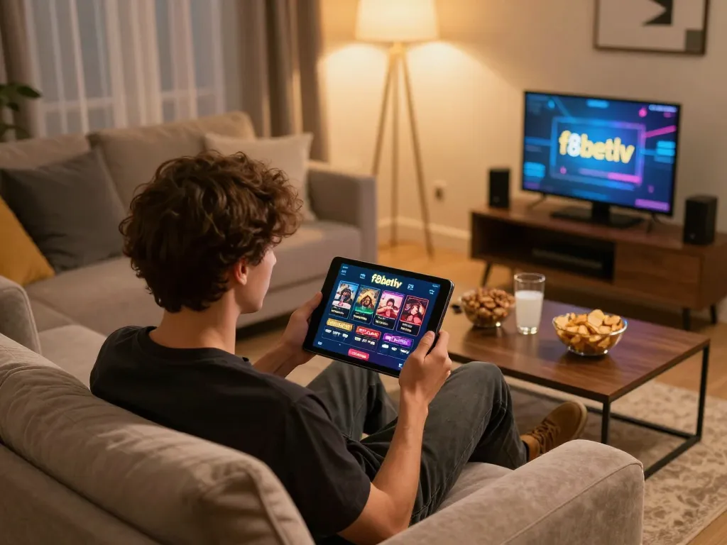 Engaging moment of a player using f8betlv app on a tablet in a cozy home setup.