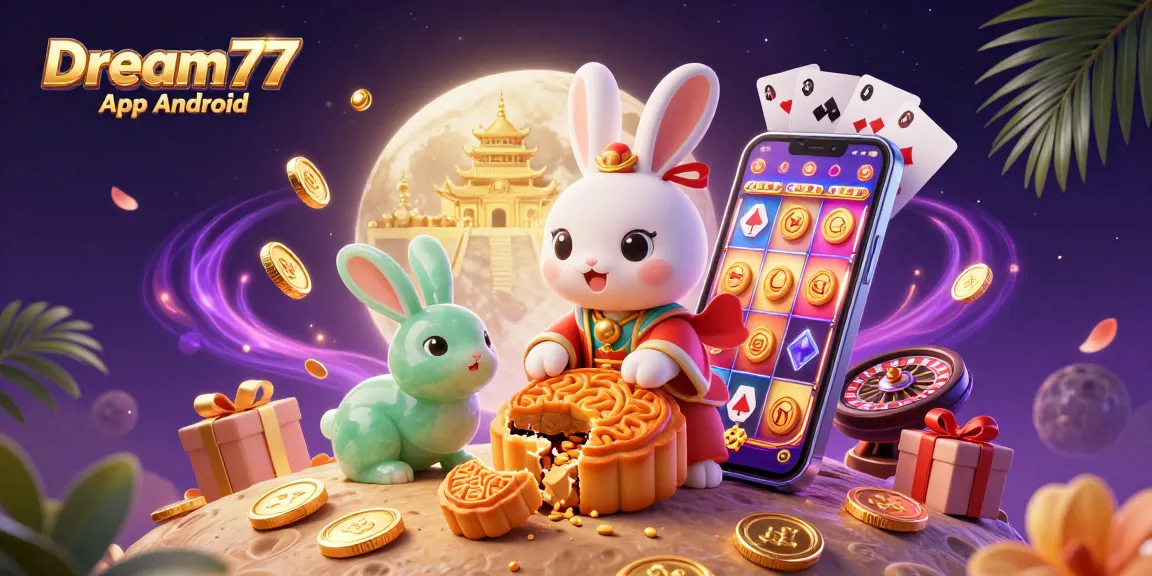 Experience the excitement of the Dream77 App Android as the moon rabbit reveals poker chips from mooncakes amidst vibrant casino elements.
