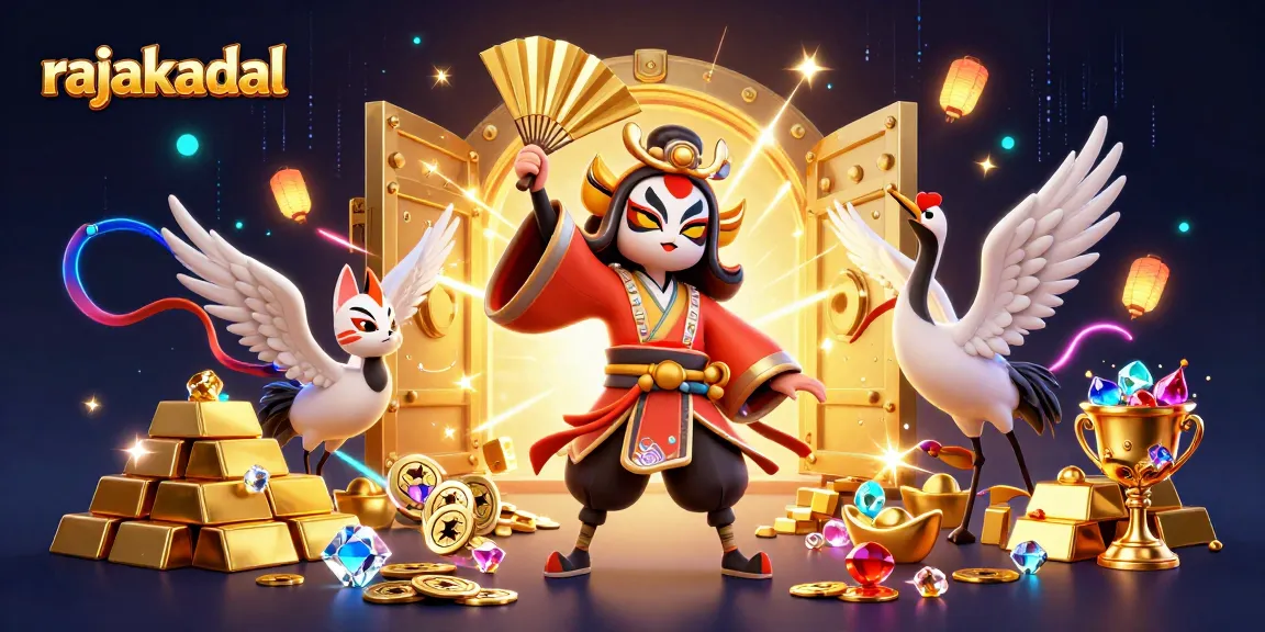 Memenangkan jackpot di rajakadal dengan kabuki petarung yang dikelilingi harta karun dan cahaya emas.
