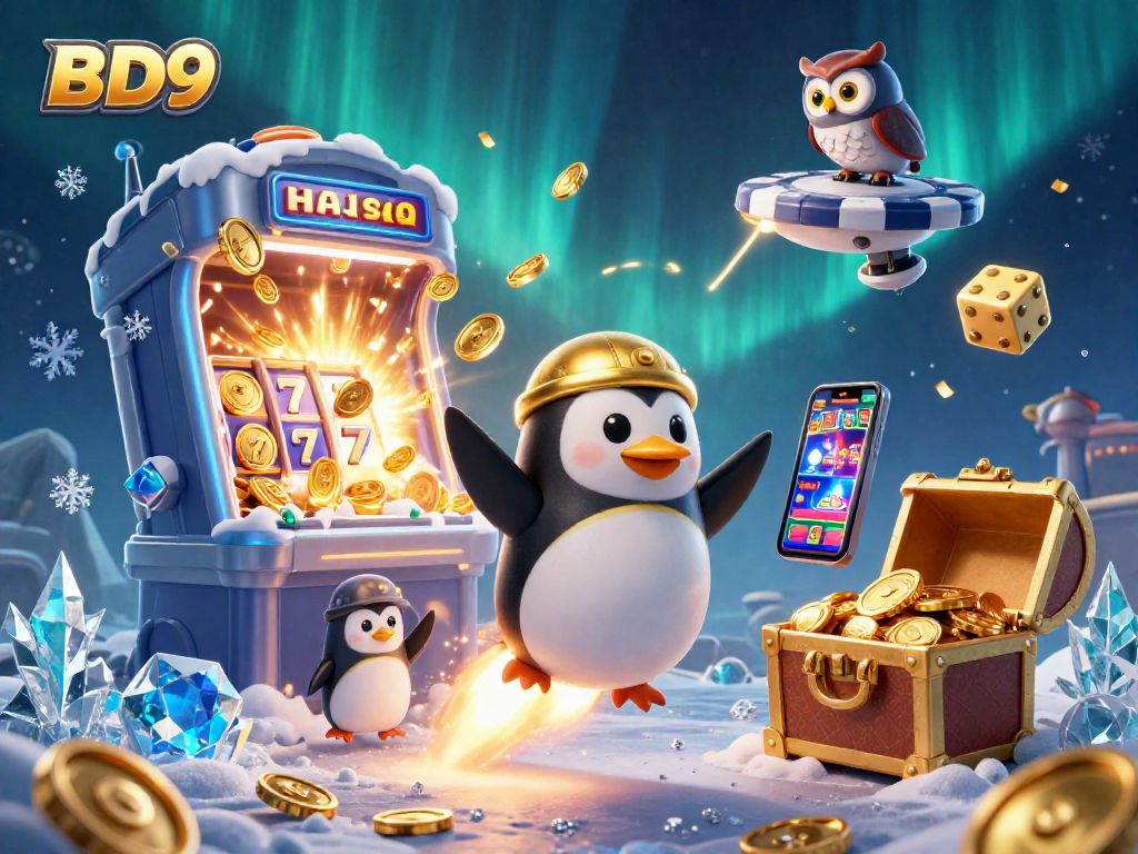 Experience the excitement of BD9 with a golden penguin blasting through a dynamic casino universe filled with jackpots and treasures.