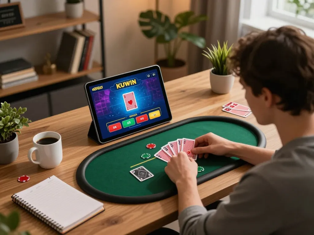 Kuwin online poker action featuring a player strategizing during an engaging home gaming session.