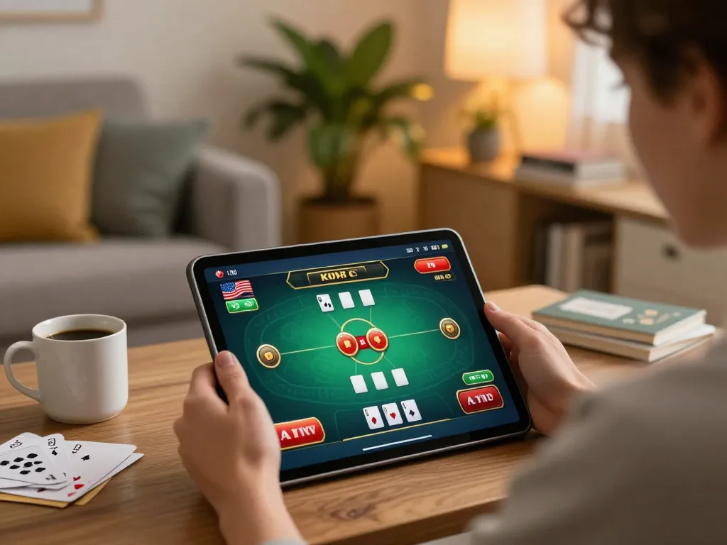 Engaged player at home enjoying online gambling with nhà cái sx88 poker game on tablet in cozy atmosphere.