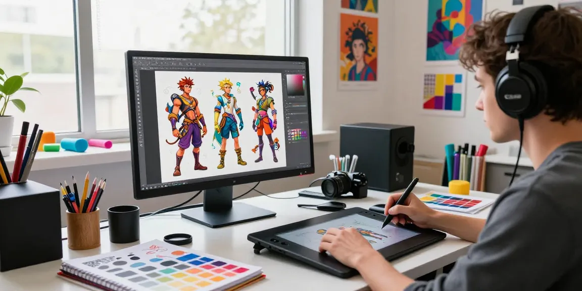 Dynamic artist creating NSFW AI designs in a colorful studio filled with art supplies and inspiration.