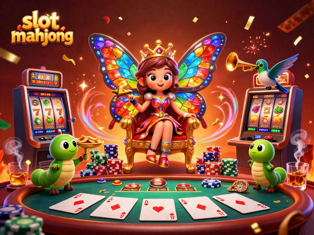 Experience the excitement of slot mahjong with a vibrant 3D casino scene featuring a butterfly queen and dynamic game elements.
