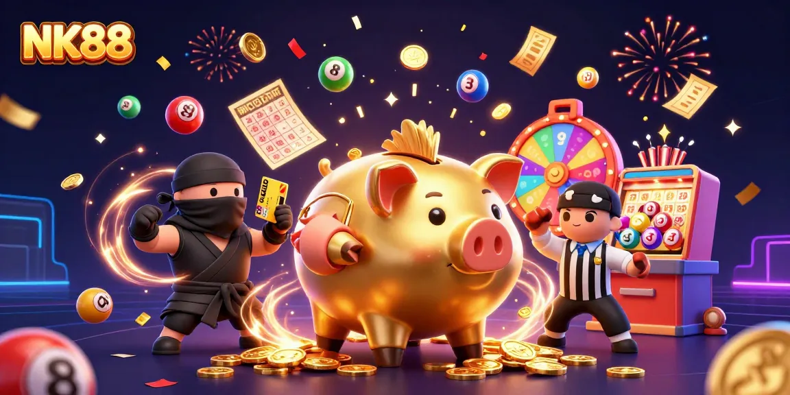 Experience excitement with NK88, a dynamic casino scene featuring iconic characters and colorful gambling elements.