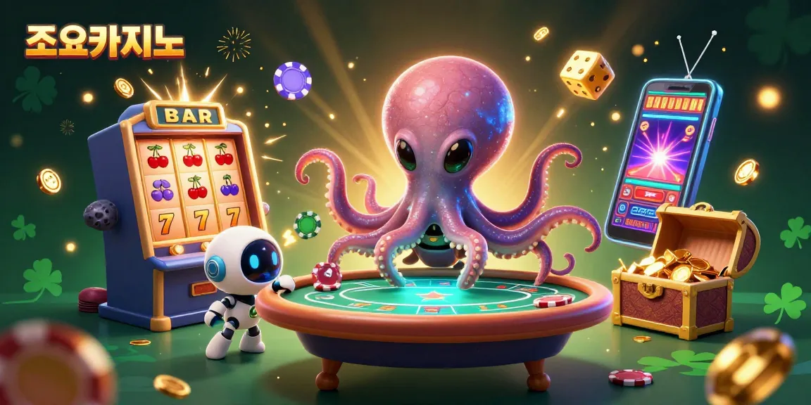 Experience thrilling games at 조이카지노 with a lively 3D cartoon illustration featuring vibrant casino elements and characters.