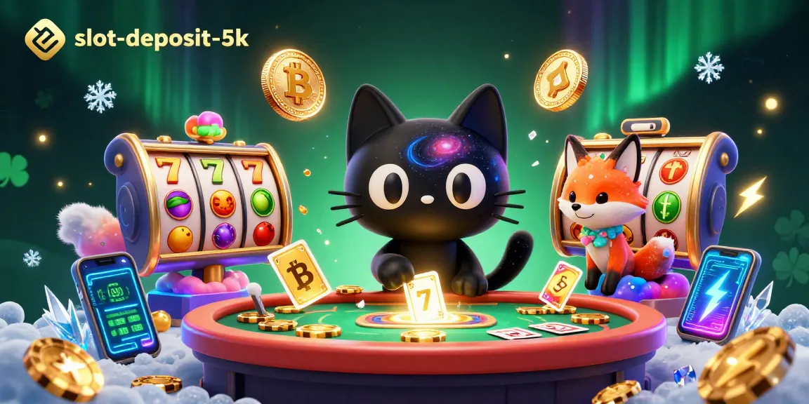 Engage with slot-deposit-5k in a vibrant cosmic casino scene featuring a black hole cat and colorful elements.