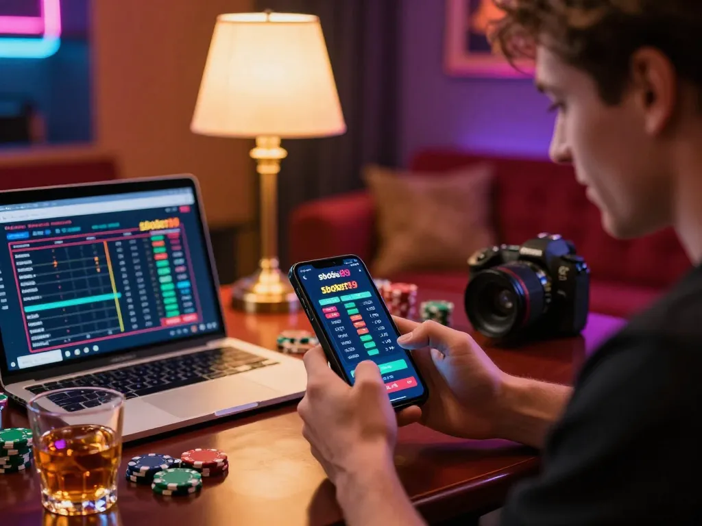 Pengalaman taruhan online yang menarik dengan antarmuka sbobet89 di smartphone, menunjukkan kegembiraan di ruang permainan yang nyaman.
