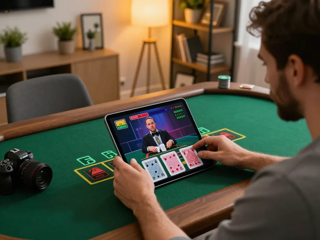 A player engaging in online blackjack at open88.com while sitting in a cozy home setting surrounded by personal decor.