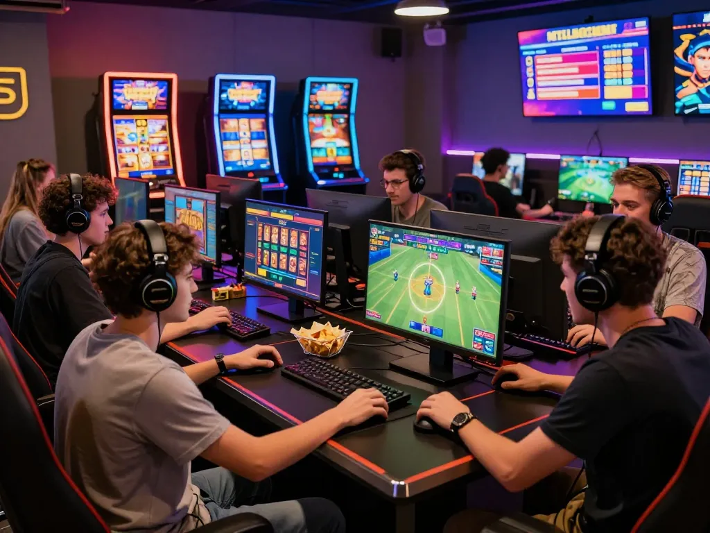 Dynamic gaming lounge at https://79king.fail/ with friends enjoying various games, promoting excitement and engagement.