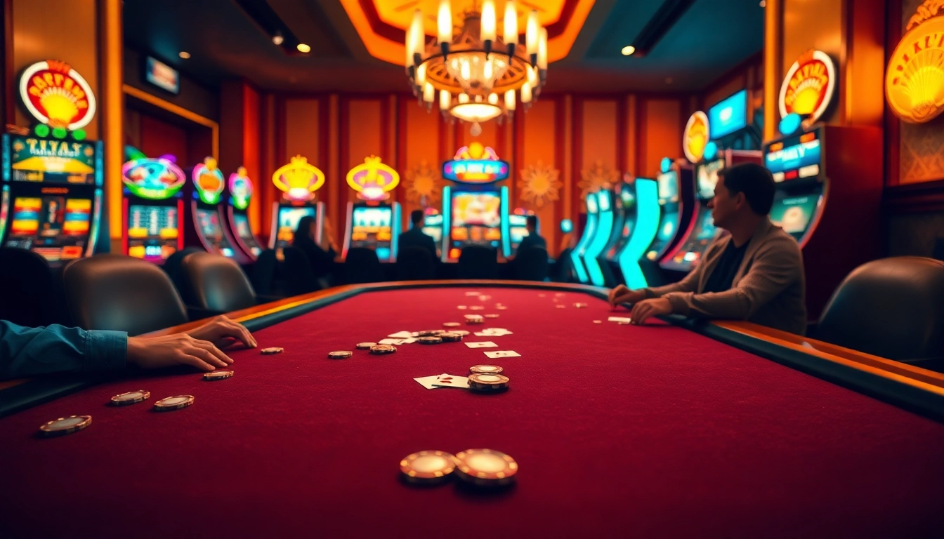 Engaging scene of an online casino Singapore with vibrant slot machines and poker table.