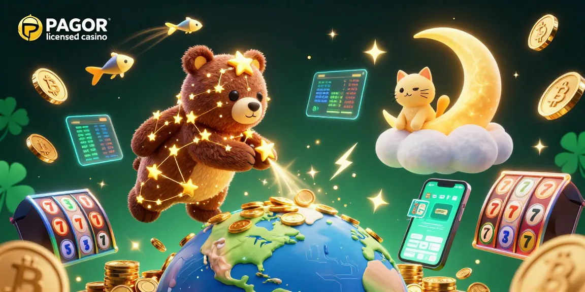 PAGCOR licensed casino illustration showcasing a whimsical constellation bear with crypto coins and slot reels.