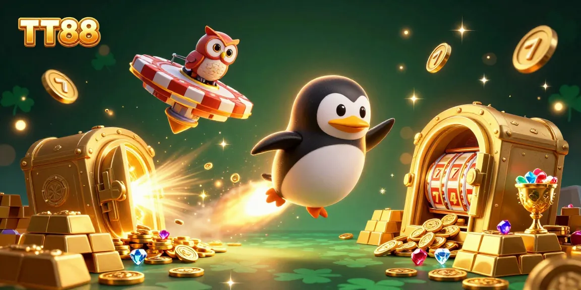 Experience TT88's exciting gaming world with a golden penguin and dazzling treasures.