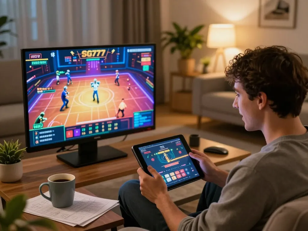 SG777 player engaged in dynamic online casino gaming session at home, showcasing competitive gameplay