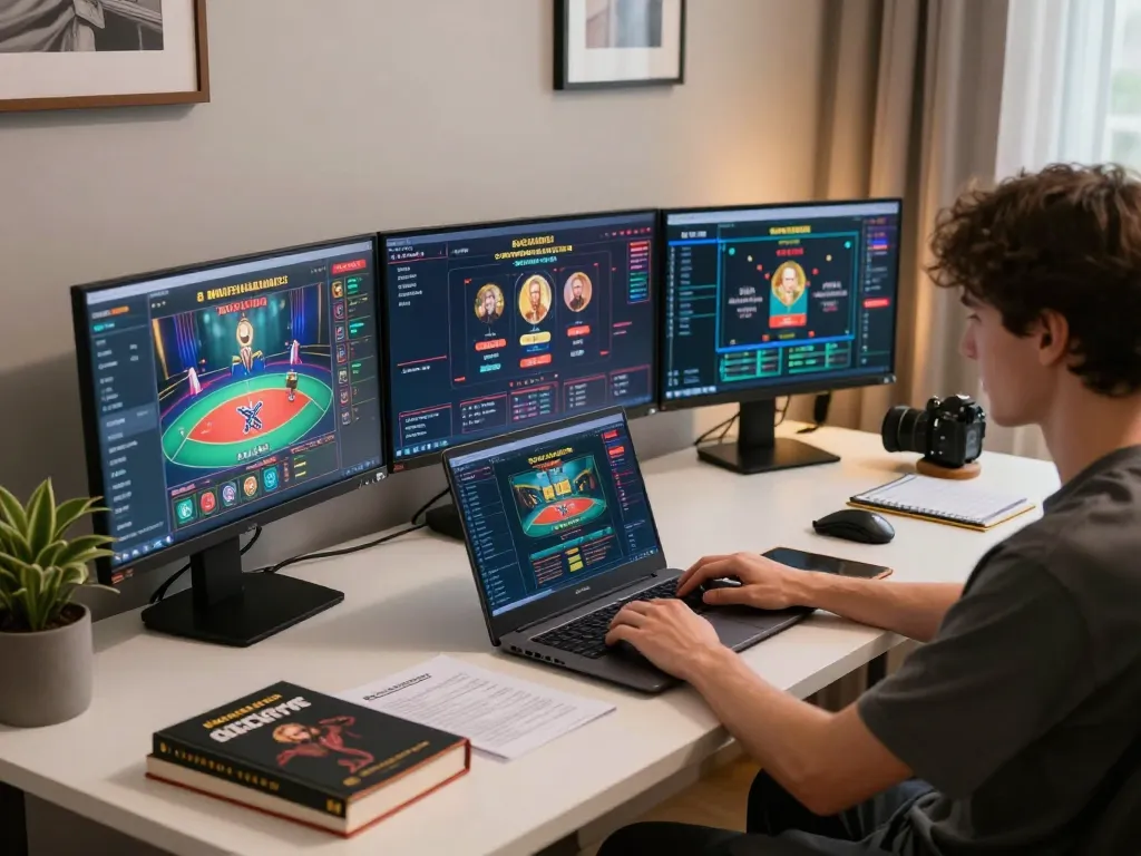 Engaged in online gaming strategies at home, focusing on Go8 casino gameplay and bankroll management