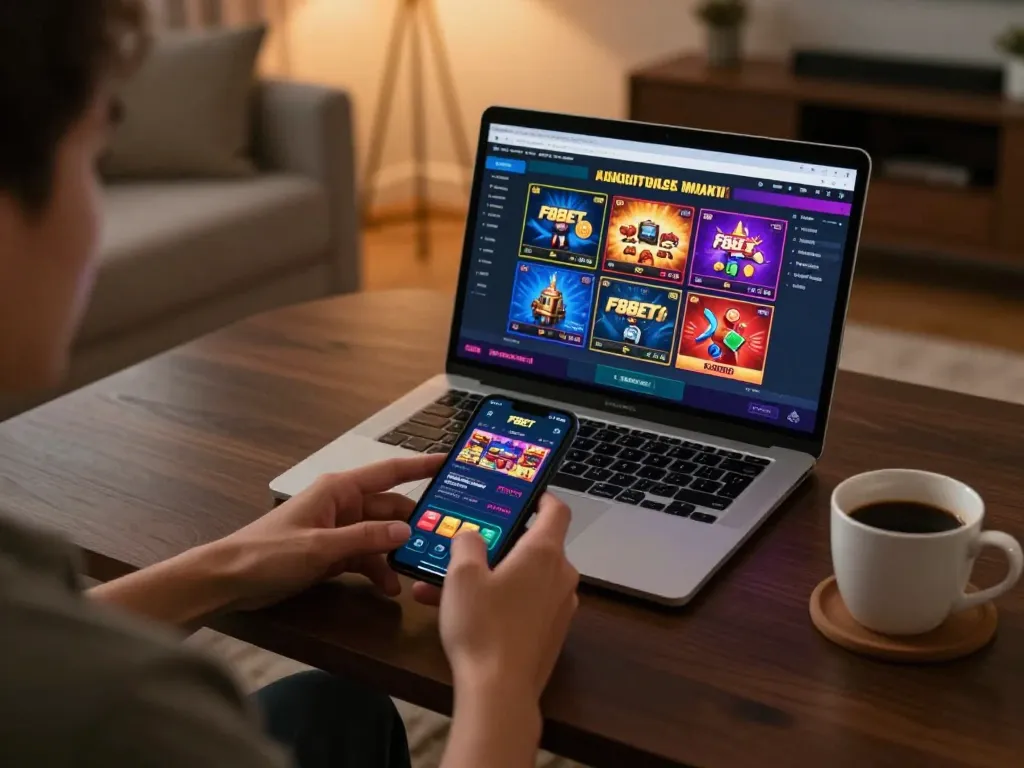 Player using F8BET app on smartphone in cozy home, showcasing vibrant mobile casino experience.