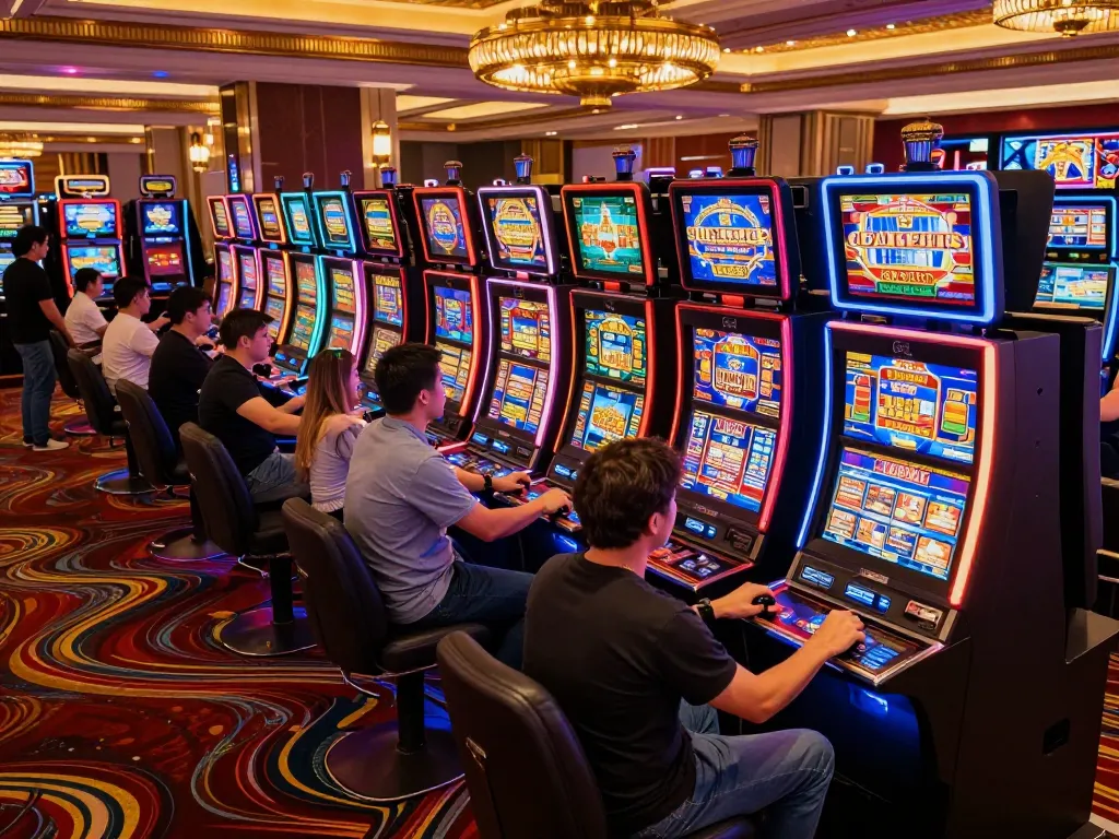 Situs slot machines filled with players eagerly engaging in lively gaming, showcasing vibrant casino atmosphere