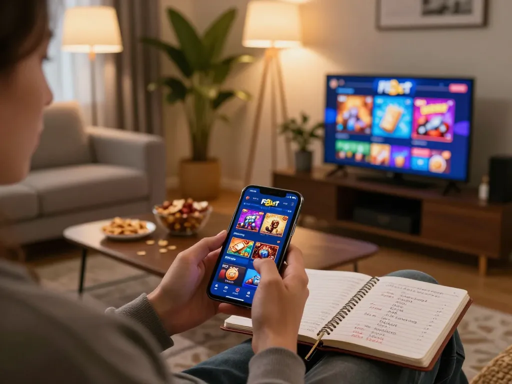 Engaging in F8bet mobile gaming with a cozy atmosphere and strategy notes nearby