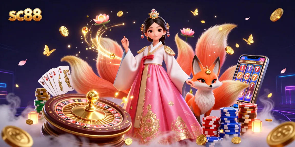 Spin to win with sc88's vibrant casino scene featuring interactive gaming elements and a lucky fox.