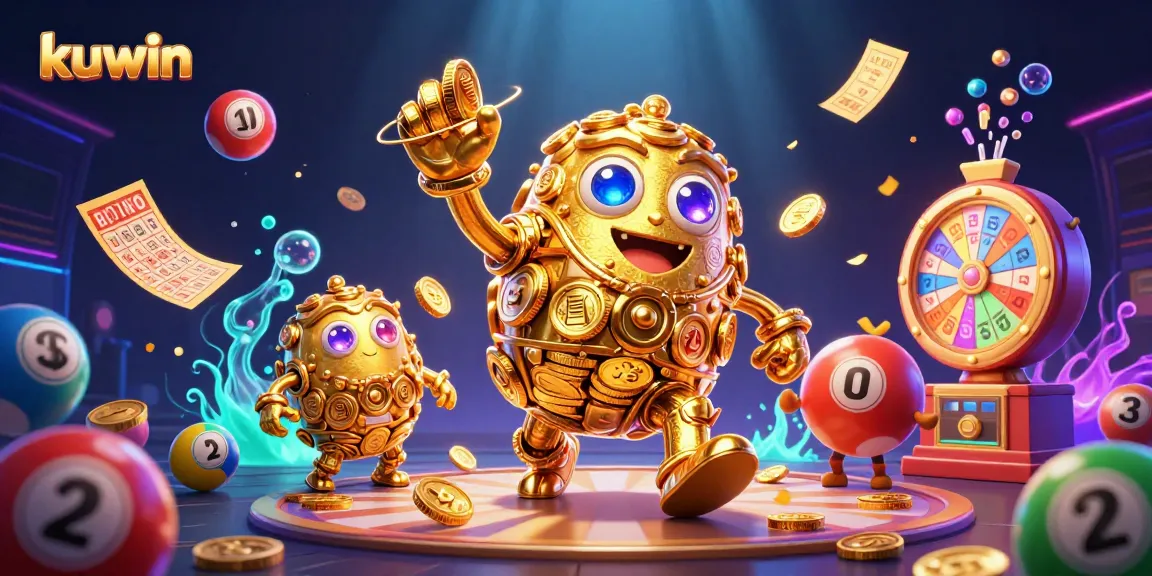 Engage with kuwin's golden golem in a vibrant casino environment filled with lottery balls and prizes.