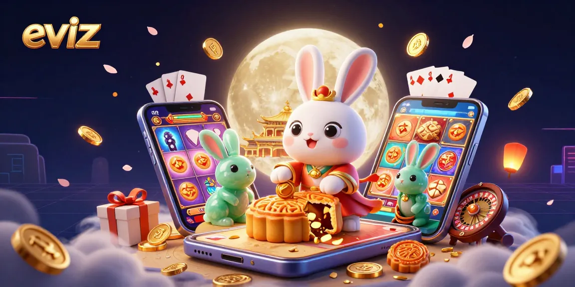 Experience eviz excitement with a 3D illustration of the Moon Rabbit and casino games in a vibrant lunar scene.