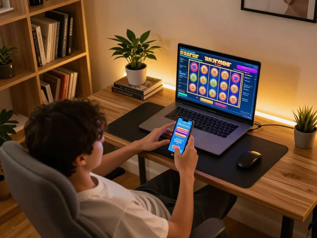 Seorang pemain menikmati aman788 slot gacor di laptopnya, menunjukkan suasana permainan online yang cerah