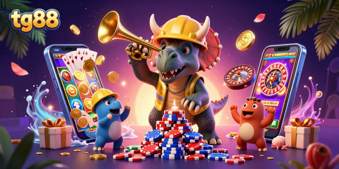 Experience gaming excitement with tg88 as a triceratops builds poker chip pyramids amidst a vibrant casino backdrop.