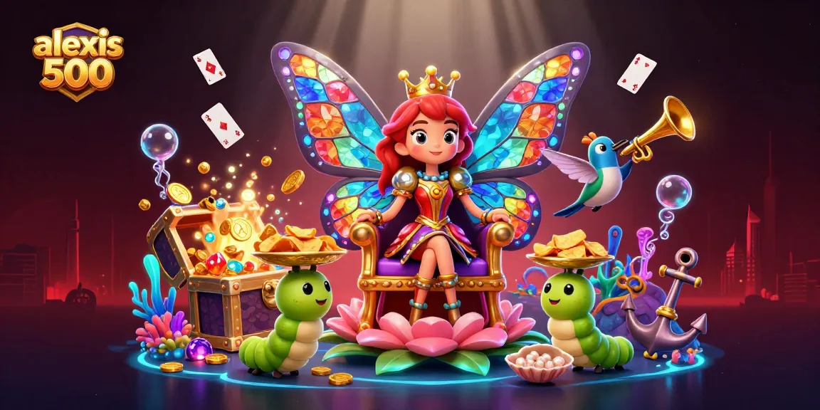 Engage with exciting games at alexis 500, featuring a vibrant 3D casino scene with colorful characters and treasures.
