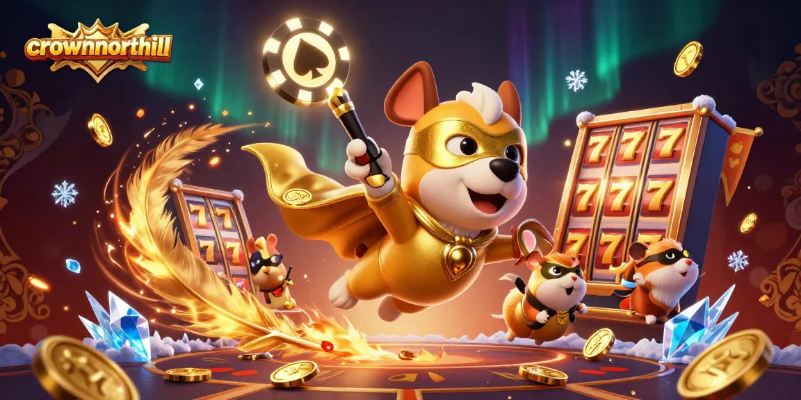 Crownnorthill slots superhero soaring with coins, surrounded by exciting game elements.