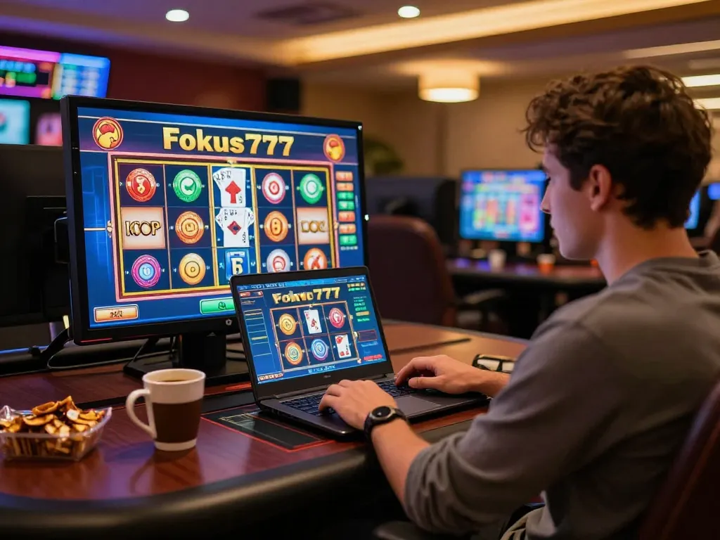 Engaging moment of a player using Fokus777 online gaming platform on a laptop, showcasing vibrant casino graphics.