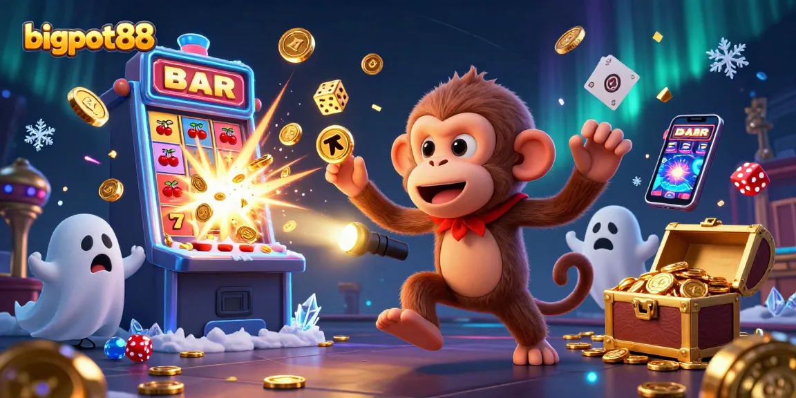 Experience bigpot88 excitement with a playful poltergeist monkey and ghost-hunter puppy in a dazzling casino.