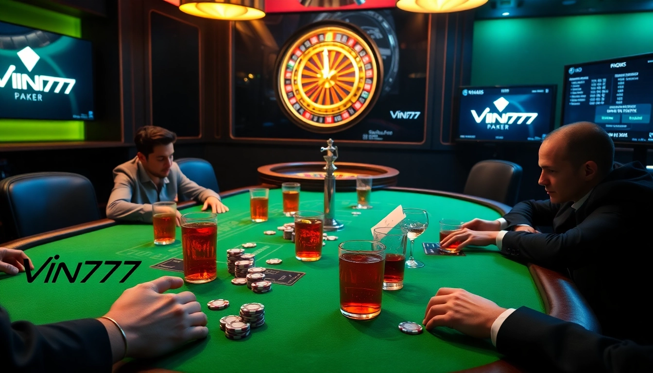 Players enjoying a high-stakes poker game at Vin777 with vibrant chips and a roulette wheel.