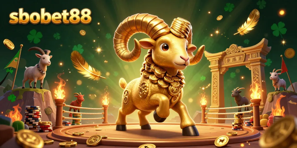 Engage with sbobet88 in a vibrant casino scene featuring a golden ram charging through riches.