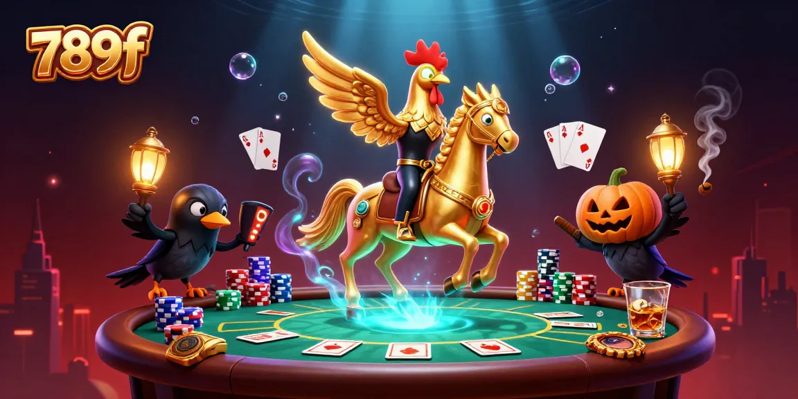 Experience the excitement of 789f as a golden rooster rides through a vibrant casino filled with action.