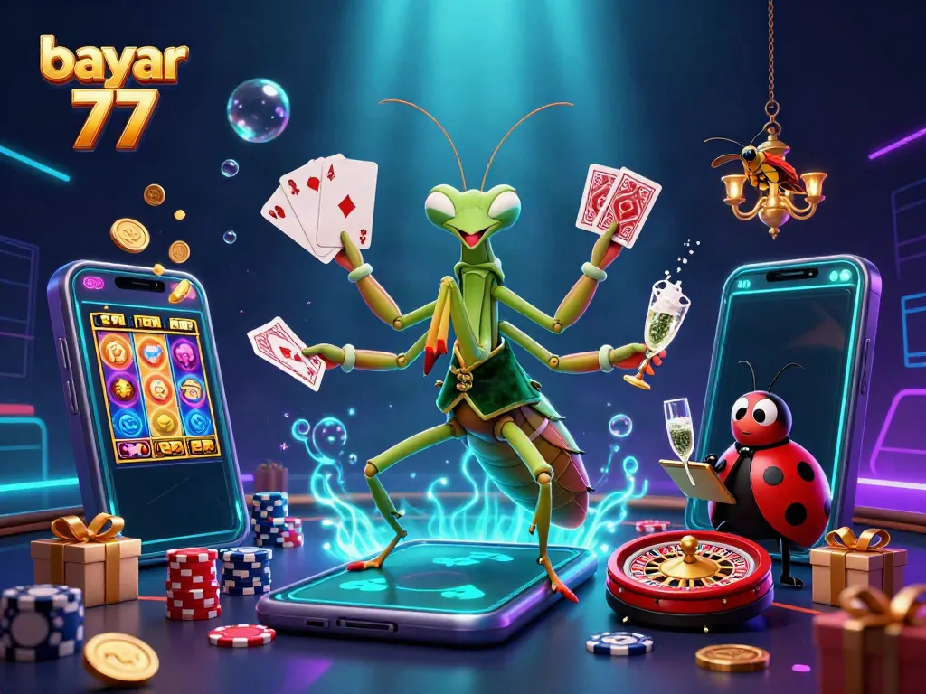 Engage with bayar 77 featuring a vibrant scene of gambling excitement and dynamic characters in action.